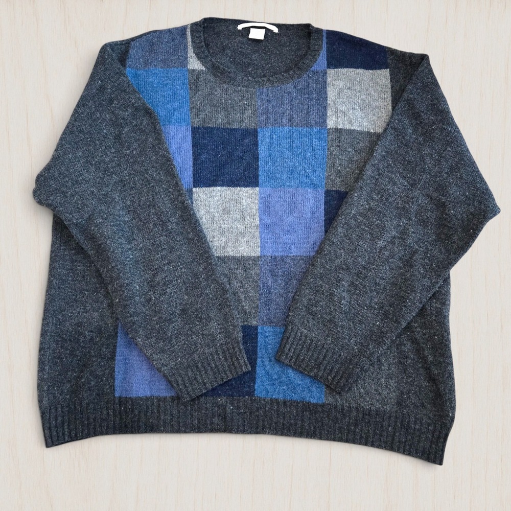 Vintage Perry Ellis 100% Lambswool Sweater Men's XL Blue Gray Colorblock Check